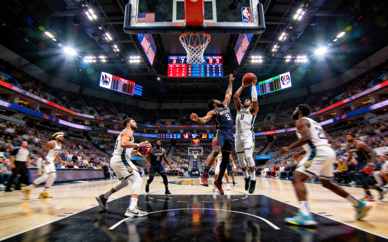 NBA篮球赛场全景，球员在球场上激烈对抗的精彩瞬间